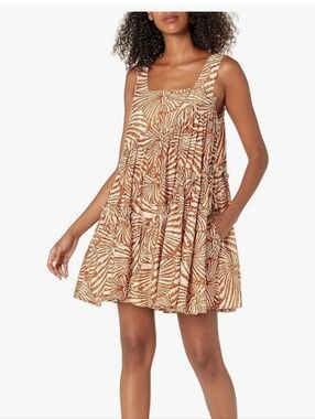 Moon River Sleeveless Tiered Palm-Print Mini Dress in Rust and Cream Small
